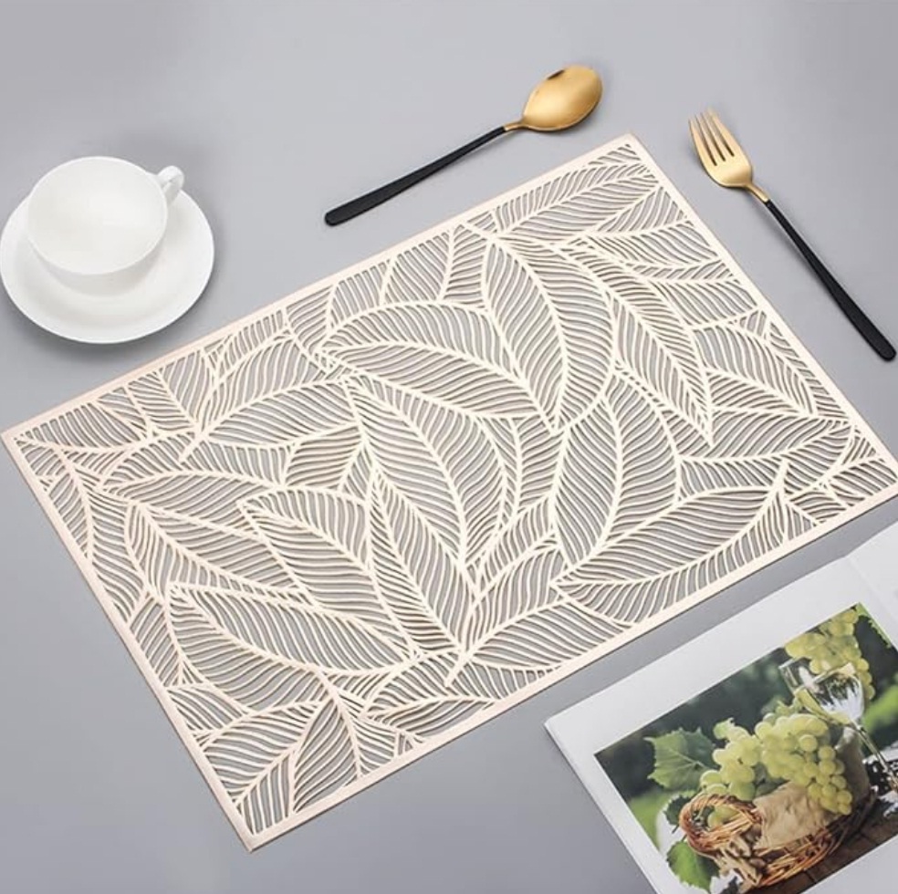 Luxury Dining Table Placemat, Washable Table Mats, Non-Slip Mats for Table Decoration, Best For Bed-Side Table/Center Table, Dining Table/Shelves (Rectangle Leaves Mat, Linen, Golden)